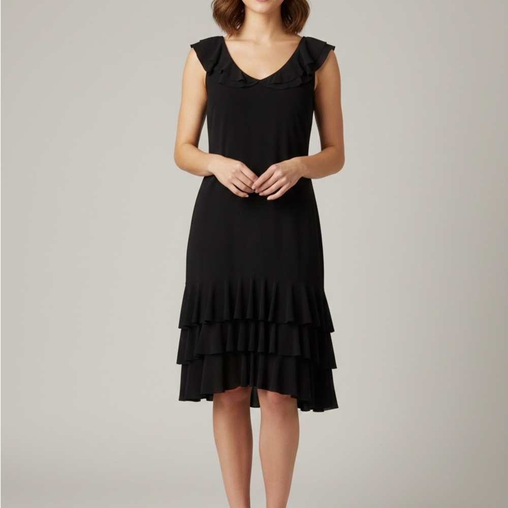 Zokai Black Fitted Tiered Ruffle Midi Mini‎ Dress Women’s Size Medium